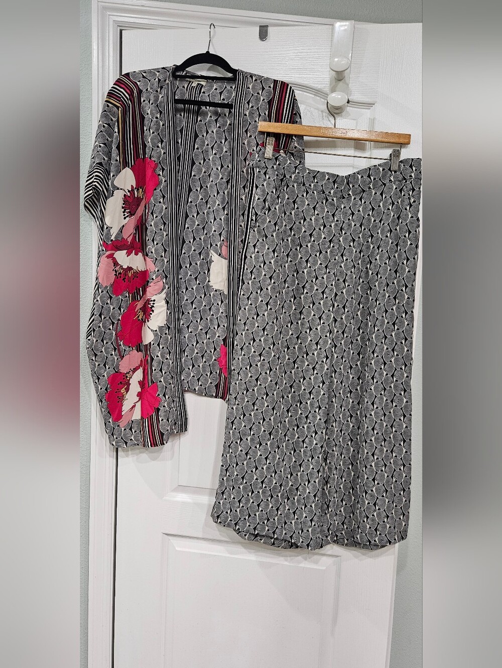 Max Studio Black & White Geometric Boot Cut Pants with Pink Floral Jacket Accent